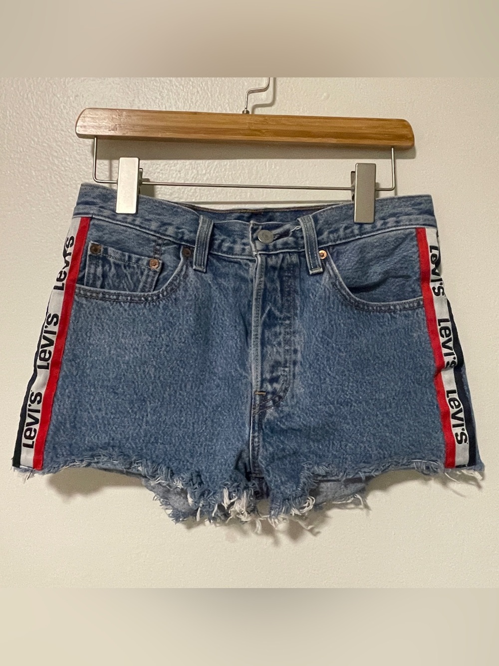 Levi's 501 Women's Blue Jean Cutoff Shorts Button Fly Side Logo Tape Daisy Dukes